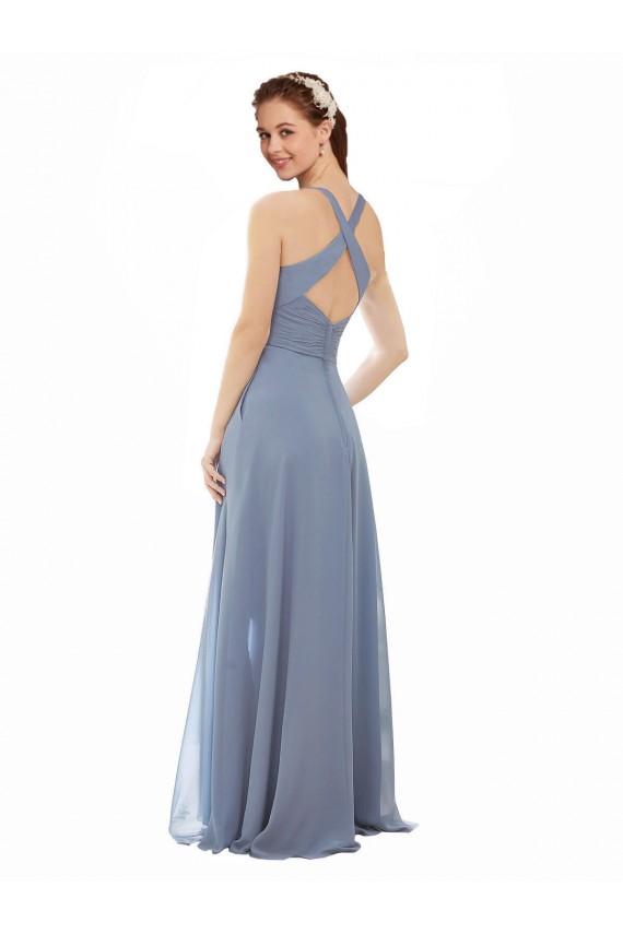 Blu polveroso Linea A Capestro Alto Collo Chiffona Lunga Abiti da damigella donore Basso Prezzo