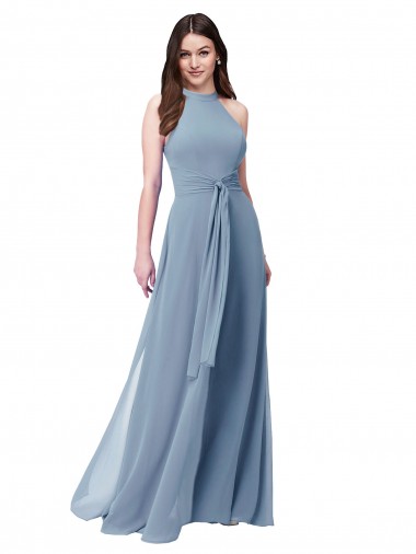 Blu polveroso Linea A Capestro Alto Collo Chiffona Lunga Abiti da damigella donore Basso Prezzo
