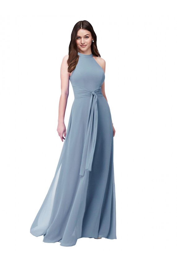 Blu polveroso Linea A Capestro Alto Collo Chiffona Lunga Abiti da damigella donore Basso Prezzo