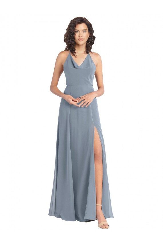 Blu polveroso Linea A Capestro Cappuccio Chiffona Lunga Abiti da damigella donore Basso Prezzo