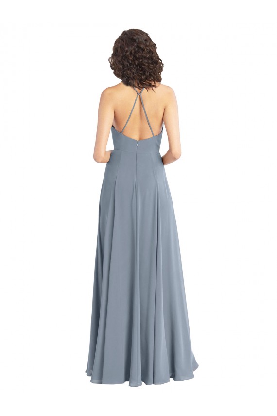 Blu polveroso Linea A Capestro Cappuccio Chiffona Lunga Abiti da damigella donore Basso Prezzo