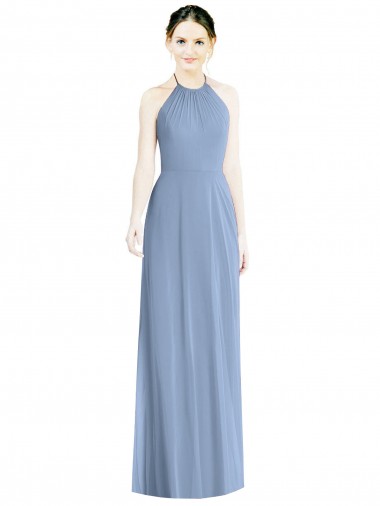 Blu polveroso Linea A Capestro Chiffona Lunga Abiti da damigella donore Basso Prezzo