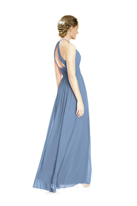 Blu polveroso Linea A Capestro Chiffona Lunga Abiti da damigella donore Basso Prezzo