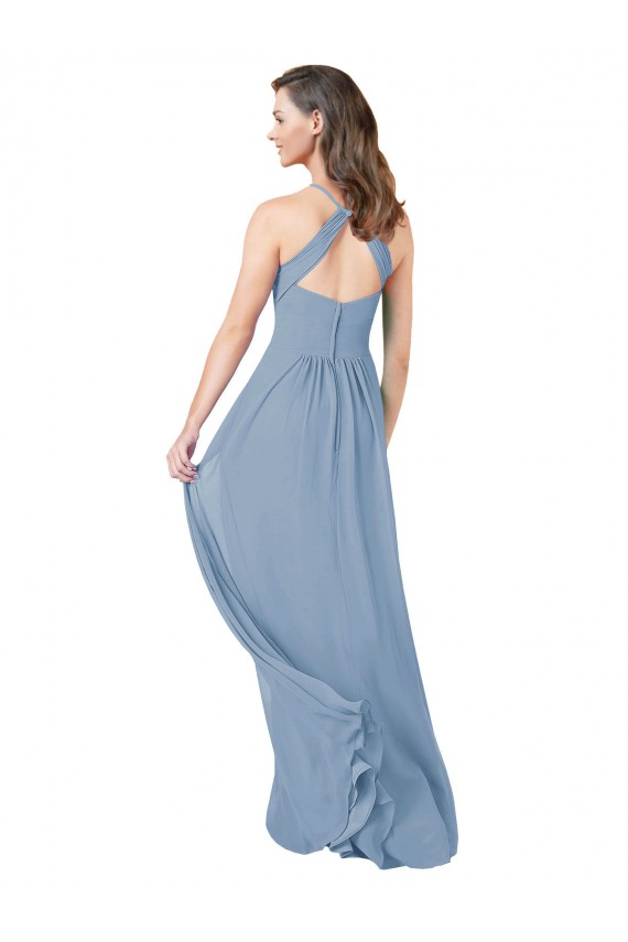 Blu polveroso Linea A Capestro Chiffona Lunga Abiti da damigella donore Basso Prezzo