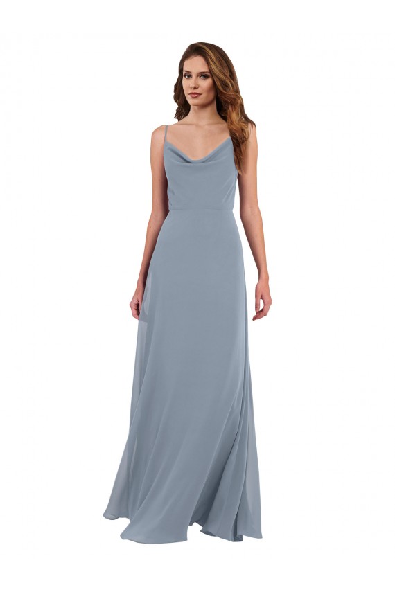 Blu polveroso Linea A Cappuccio Chiffona Lunga Abiti da damigella donore Basso Prezzo