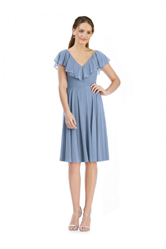 Blu polveroso Linea A Scollatura a V Al ginocchio cocktail Chiffona Corto Abiti da damigella donore Basso Prezzo