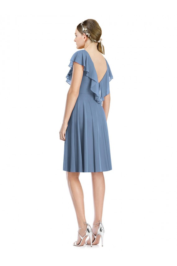Blu polveroso Linea A Scollatura a V Al ginocchio cocktail Chiffona Corto Abiti da damigella donore Basso Prezzo