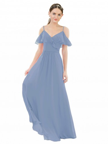 Blu polveroso Linea A Scollatura a V Chiffona Lunga Abiti da damigella donore Basso Prezzo