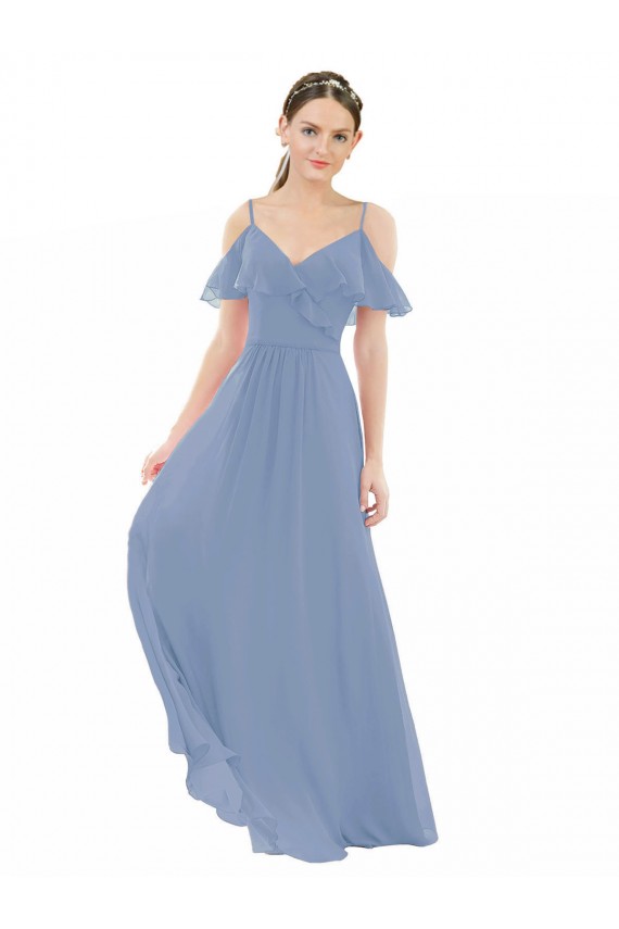 Blu polveroso Linea A Scollatura a V Chiffona Lunga Abiti da damigella donore Basso Prezzo