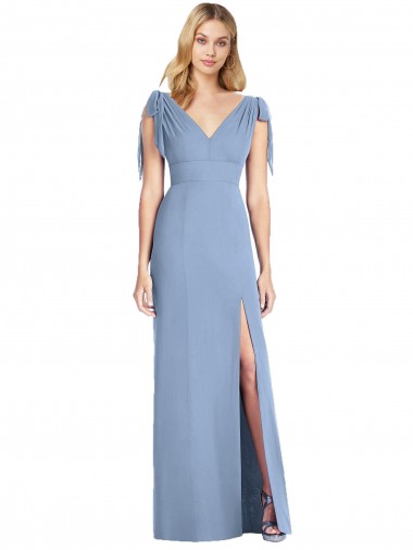 Blu polveroso Stile sirena Scollatura a V Chiffona Lunga Abiti da damigella donore Basso Prezzo