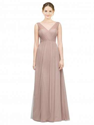 Blush Linea A Scollatura a V Tulle Lunga Abiti da damigella donore Basso Prezzo
