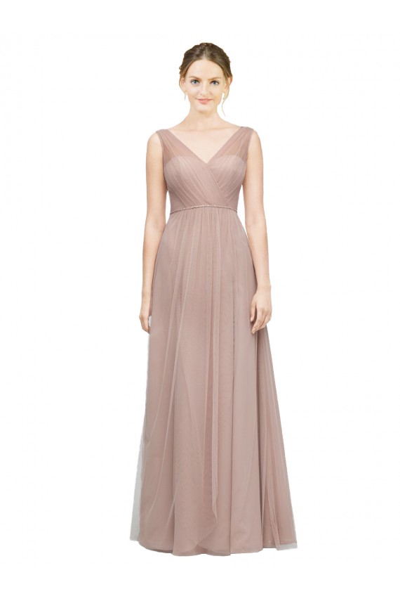 Blush Linea A Scollatura a V Tulle Lunga Abiti da damigella donore Basso Prezzo