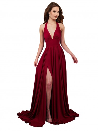 Borgogna Linea A Capestro Scollatura a V Spandex Lunga Formali Abiti da damigella donore / Abiti da sera / Abiti da ballo Basso Prezzo