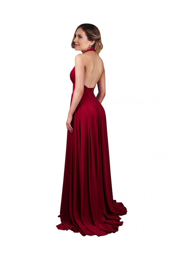 Borgogna Linea A Capestro Scollatura a V Spandex Lunga Formali Abiti da damigella donore / Abiti da sera / Abiti da ballo Basso Prezzo