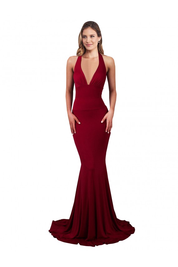 Borgogna Stile sirena Capestro Scollatura a V Spandex Lunga Formali Abiti da damigella donore / Abiti da sera / Abiti da ballo Basso Prezzo