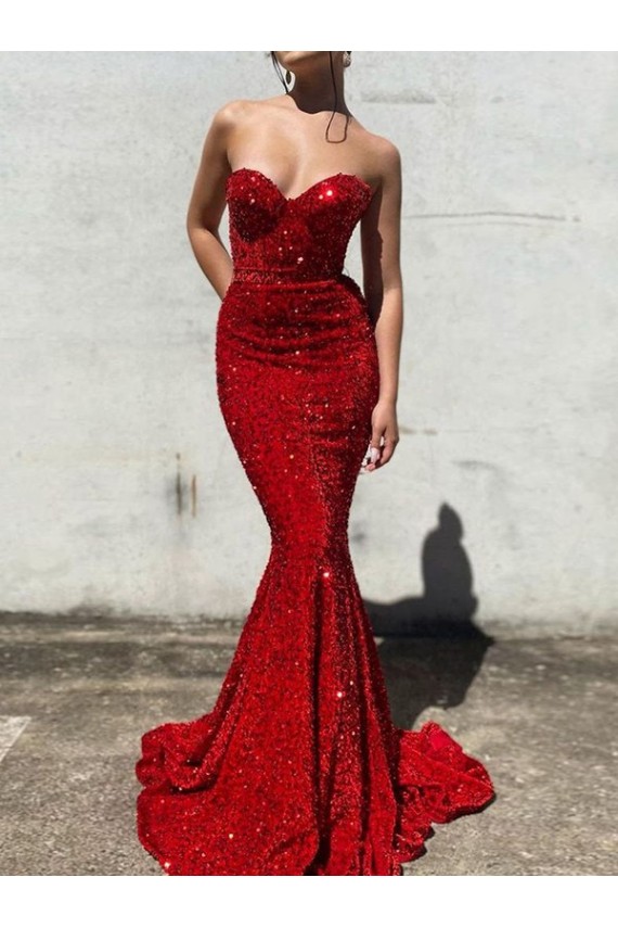 Borgogna Stile sirena Innamorato Paillettes Velluto Lunga Abiti da ballo Basso Prezzo