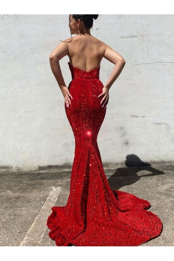 Borgogna Stile sirena Innamorato Paillettes Velluto Lunga Abiti da ballo Basso Prezzo