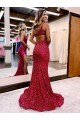 Borgogna Stile sirena Una spalla Sweep treno Paillettes Velluto Lunga Abiti da ballo Basso Prezzo