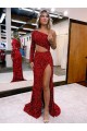 Borgogna Stile sirena Una spalla Sweep treno Paillettes Velluto Lunga Abiti da ballo Basso Prezzo