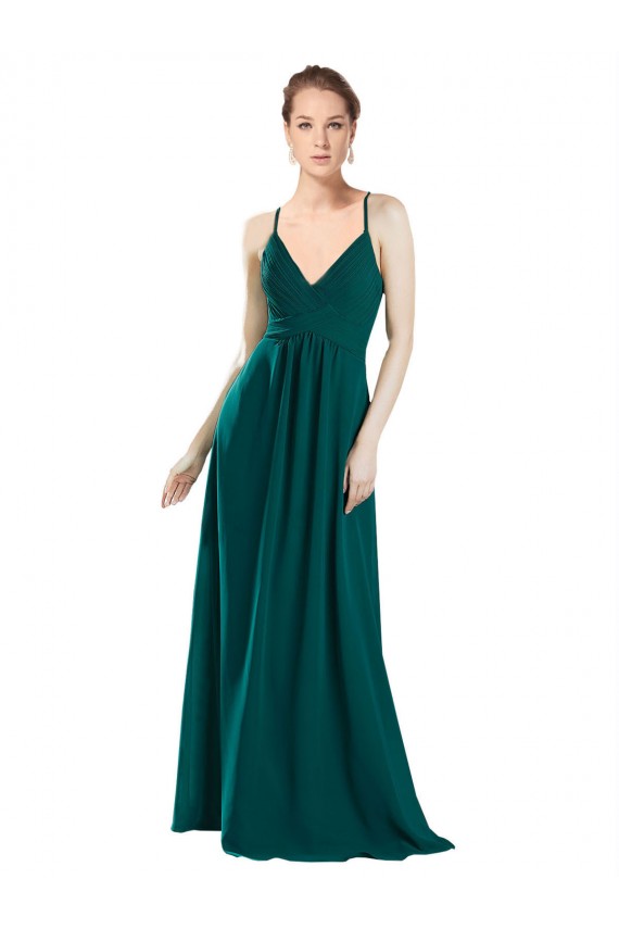 Cacciatore verde Linea A Scollatura a V Chiffona Lunga Abiti da damigella donore Basso Prezzo