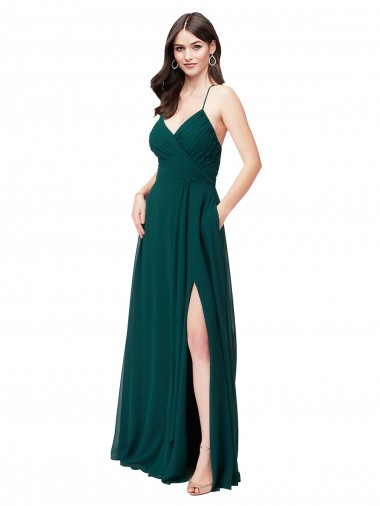 Cacciatore verde Linea A Scollatura a V Chiffona Lunga Abiti da damigella donore Basso Prezzo