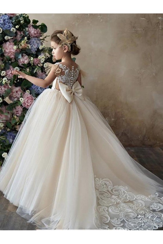 Champagne Abito da ballo Innamorato Tulle Pizzo Lunga Abiti da ragazza di fiori Basso Prezzo