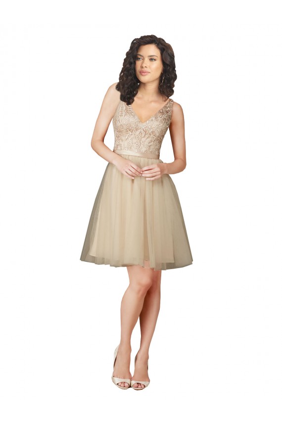 Champagne Linea A Scollatura a V Al ginocchio Tulle Pizzo Corto Abiti da damigella donore Basso Prezzo