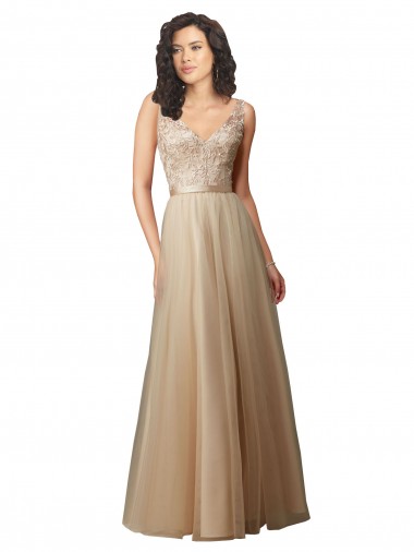 Champagne Linea A Scollatura a V Tulle Pizzo Lunga Abiti da damigella donore Basso Prezzo