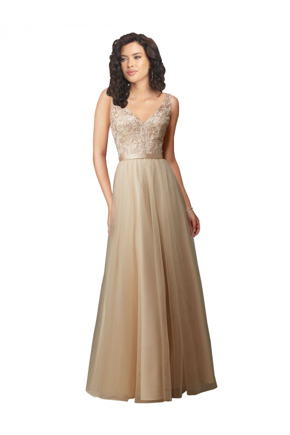 Champagne Linea A Scollatura a V Tulle Pizzo Lunga Abiti da damigella donore Basso Prezzo