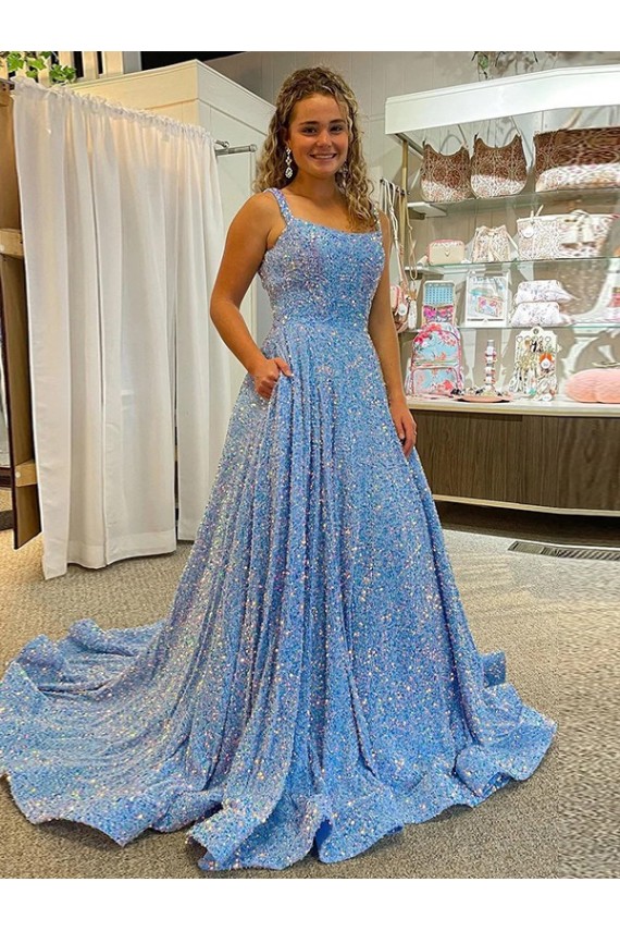 Colore Mostrato Linea A Scoop Paillettes Velluto Lunga Abiti da ballo Basso Prezzo