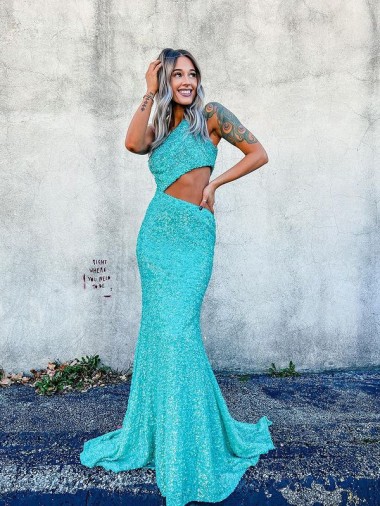 Colore Mostrato Stile sirena Una spalla Sweep treno Paillettes Velluto Lunga Abiti da ballo Basso Prezzo