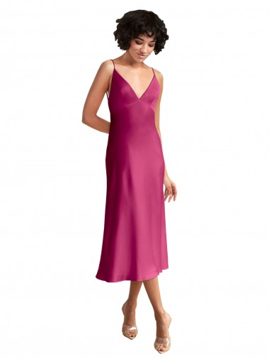Fucsia Linea A Scollatura a V Midi Raso Elastico Corto Abiti da damigella donore / Abiti da sera / Abiti da cocktail Basso Prezzo