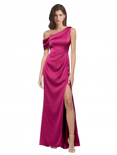Fucsia Linea A Una spalla Raso Elastico Lunga Formali Abiti da damigella donore / Abiti da sera / Abiti da ballo Basso Prezzo