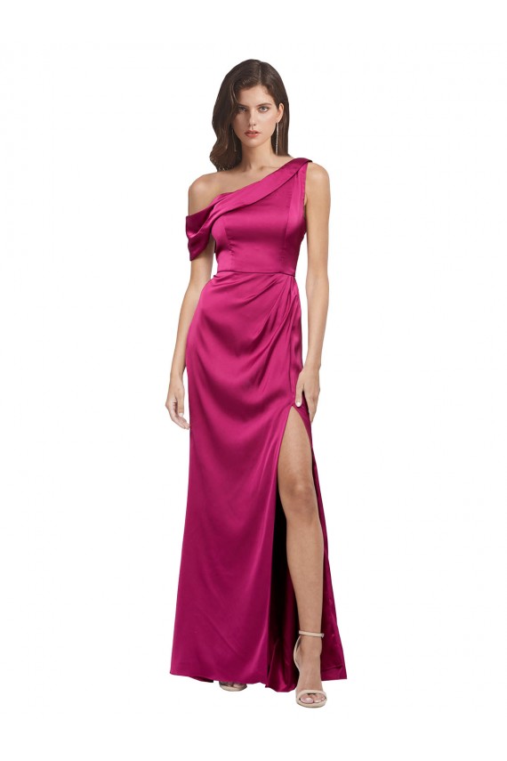 Fucsia Linea A Una spalla Raso Elastico Lunga Formali Abiti da damigella donore / Abiti da sera / Abiti da ballo Basso Prezzo