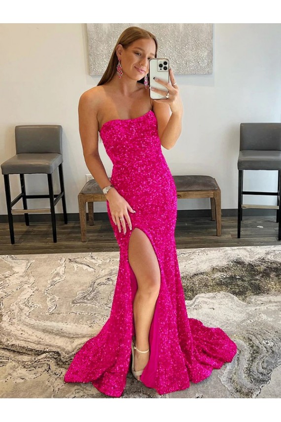 Fucsia Tubino Senza spalline Sweep treno Paillettes Velluto Lunga Abiti da ballo Basso Prezzo