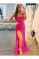 Fucsia Tubino Sottili Sweep treno Paillettes Velluto Lunga Abiti da ballo Basso Prezzo
