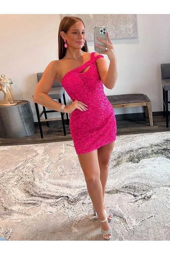 Fucsia Tubino Una spalla Corto Paillettes Velluto Corto Abiti da ballo Basso Prezzo