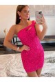 Fucsia Tubino Una spalla Corto Paillettes Velluto Corto Abiti da ballo Basso Prezzo