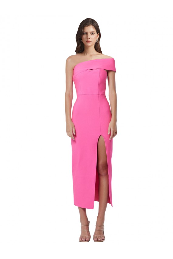 Fucsia Tubino Una spalla Midi Crespo Elastico Lunga Formali Abiti da damigella donore / Abiti da sera / Abiti da cocktail Basso Prezzo