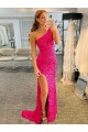 Fucsia Tubino Una spalla Sweep treno Paillettes Velluto Corto Abiti da ballo Basso Prezzo
