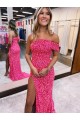 Fucsia Tubino Una spalla Sweep treno Paillettes Velluto Lunga Abiti da ballo Basso Prezzo