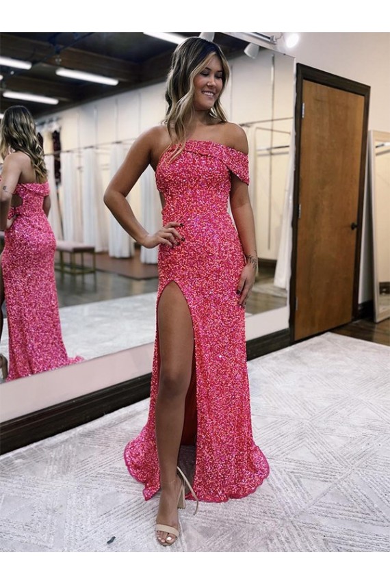 Fucsia Tubino Una spalla Sweep treno Paillettes Velluto Lunga Abiti da ballo Basso Prezzo