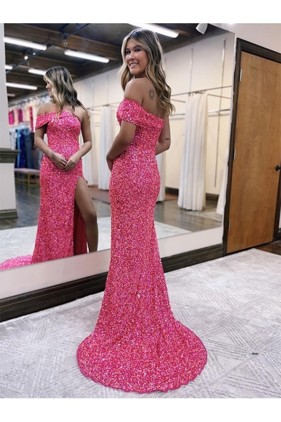 Fucsia Tubino Una spalla Sweep treno Paillettes Velluto Lunga Abiti da ballo Basso Prezzo