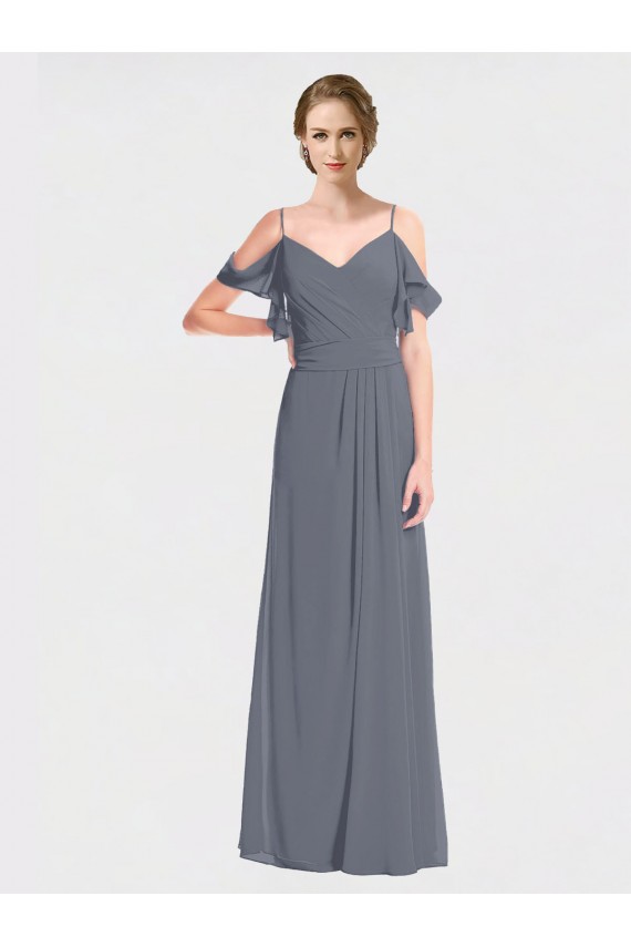 Grigio ardesia Linea A Scollatura a V Chiffona Lunga Abiti da damigella donore Basso Prezzo