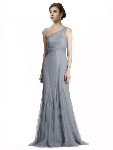 Grigio ardesia Stile sirena Una spalla Tulle Lunga Abiti da damigella donore Basso Prezzo