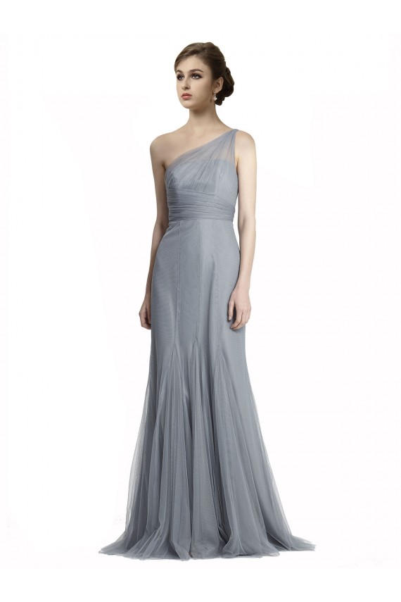 Grigio ardesia Stile sirena Una spalla Tulle Lunga Abiti da damigella donore Basso Prezzo