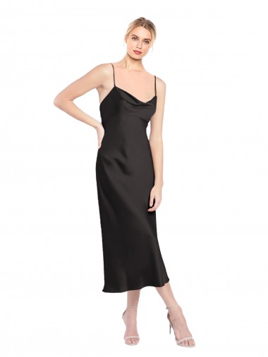 Nero Linea A Sottili Cappuccio Midi Raso Elastico Corto Abiti da damigella donore / Abiti da sera / Abiti da cocktail Basso Prezzo