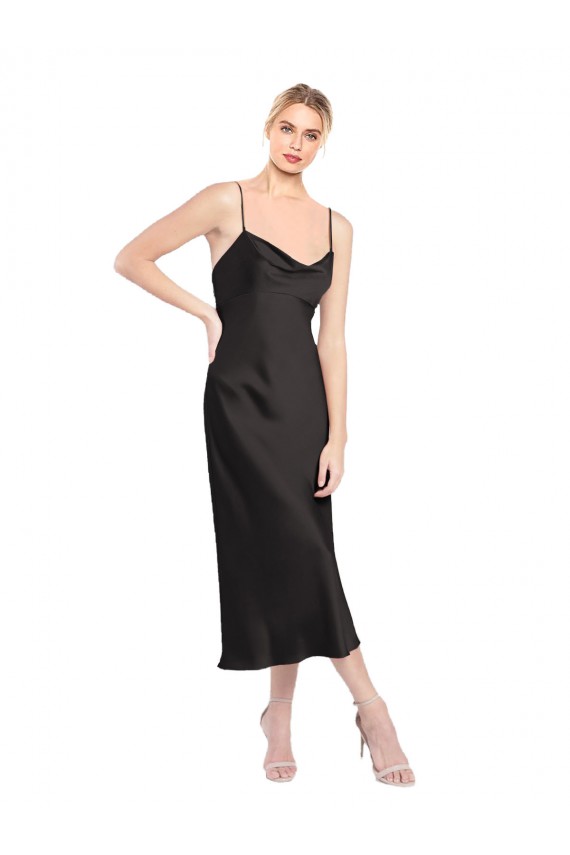 Nero Linea A Sottili Cappuccio Midi Raso Elastico Corto Abiti da damigella donore / Abiti da sera / Abiti da cocktail Basso Prezzo