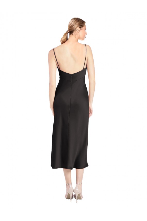Nero Linea A Sottili Cappuccio Midi Raso Elastico Corto Abiti da damigella donore / Abiti da sera / Abiti da cocktail Basso Prezzo