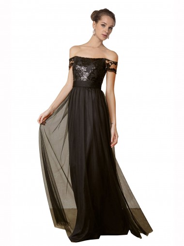 Nero Linea A Tulle Paillettes Lunga Abiti da damigella donore Basso Prezzo